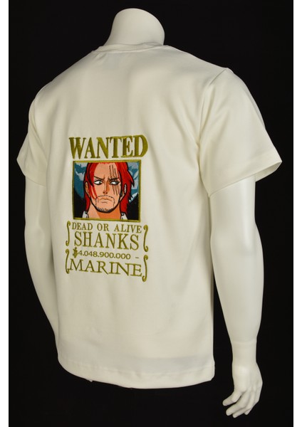 Beyaz Kısa Kollu Pamuklu Shanks One Pıece Ön-Arka Nakışlı Bisiklet Yaka Anime Tişört