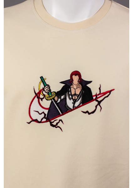 Bej Kısa Kollu Pamuklu Shanks One Pıece Ön-Arka Nakışlı Bisiklet Yaka Anime Tişört