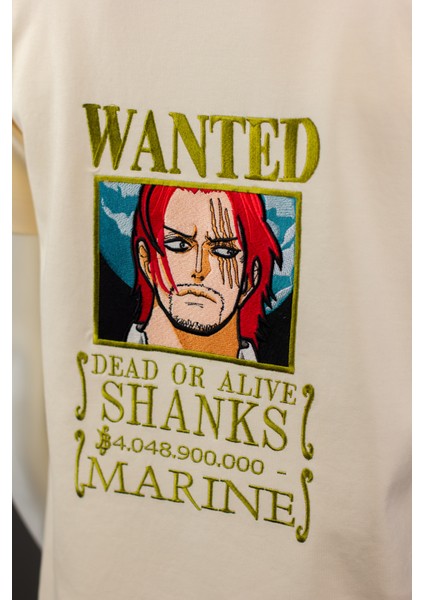 Bej Kısa Kollu Pamuklu Shanks One Pıece Ön-Arka Nakışlı Bisiklet Yaka Anime Tişört