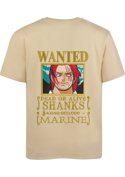 Bej Kısa Kollu Pamuklu Shanks One Pıece Ön-Arka Nakışlı Bisiklet Yaka Anime Tişört