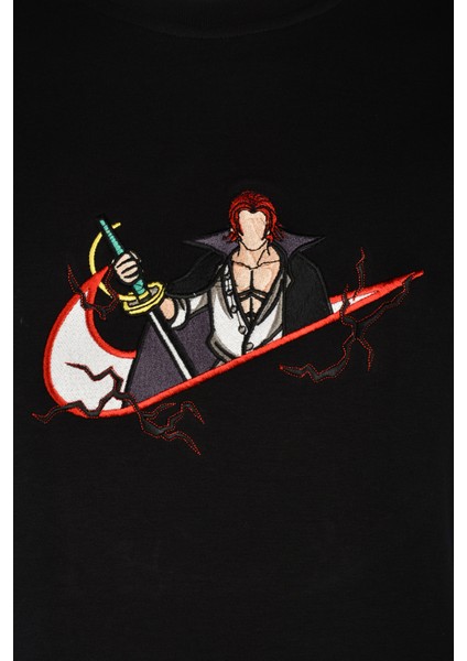 Siyah Kısa Kollu Pamuklu Shanks One Pıece Ön-Arka Nakışlı Bisiklet Yaka Anime Tişört