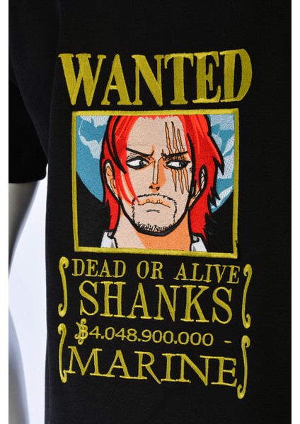 Siyah Kısa Kollu Pamuklu Shanks One Pıece Ön-Arka Nakışlı Bisiklet Yaka Anime Tişört