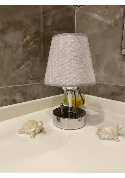 Pilli Abajur, Pilli masa lambası, Pilli gece lambası, Açık Gri Şapka Krom Ayak pilli