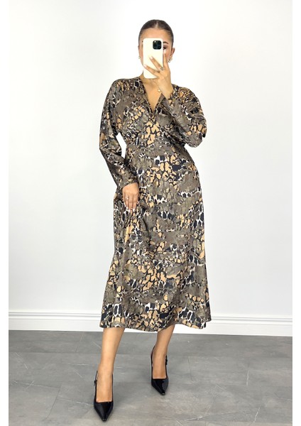 Kadın Yeşil Leopar Desenli Midi Elbise