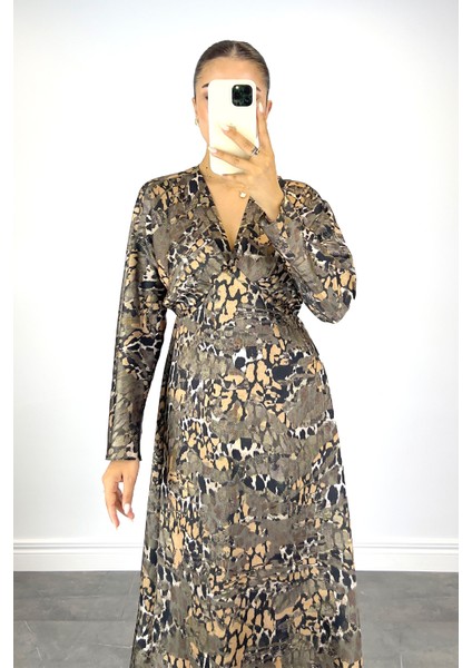 Kadın Yeşil Leopar Desenli Midi Elbise fiyatları