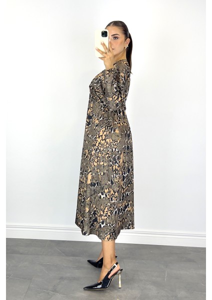 Kadın Yeşil Leopar Desenli Midi Elbise modelleri