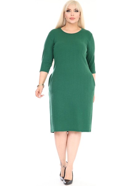 Çift Cepli Kışlık Büyük Beden Esnek Yeşil Elbise 12C-2607