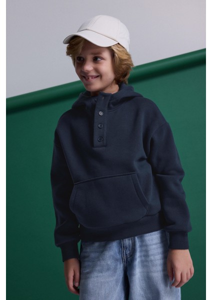 (Kids Boy) Düğmeli Şardonlu Kapüşonlu Sweatshirt