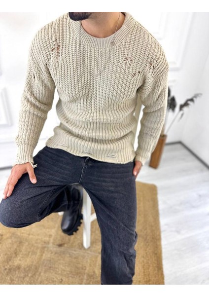 Kazak Oversize Yırtık Detaylı Lazer Kesim Tüylenmez Naturel Pamuk Rahat Kesim Salaş Kazak