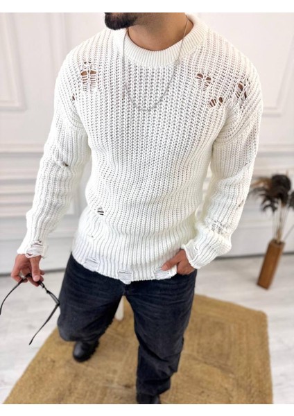 Kazak Oversize Yırtık Detaylı Lazer Kesim Tüylenmez Naturel Pamuk Rahat Kesim Salaş Kazak