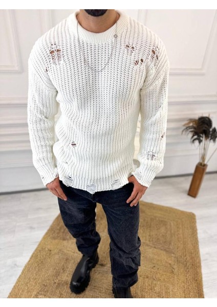 Kazak Oversize Yırtık Detaylı Lazer Kesim Tüylenmez Naturel Pamuk Rahat Kesim Salaş Kazak fırsatları