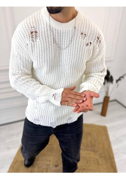 Kazak Oversize Yırtık Detaylı Lazer Kesim Tüylenmez Naturel Pamuk Rahat Kesim Salaş Kazak indirimleri