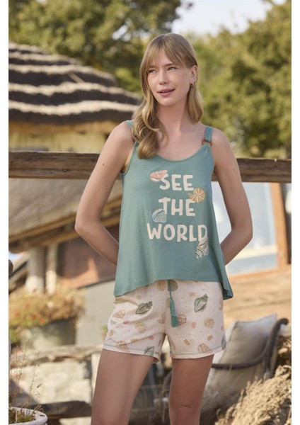 Kadın Desenli ve Baskılı "see The World" Şort Takımı 24112