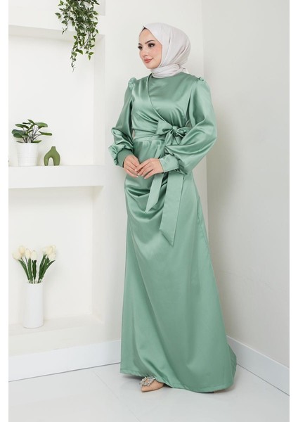 Kadın Giyim Moda Tesettür Abiye Saten Elbise 2762