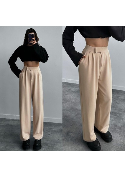 Cırtlı Palazzo Yüksek Bel Ayarlanabilir Bel Bol Paça Kadın Pantalon