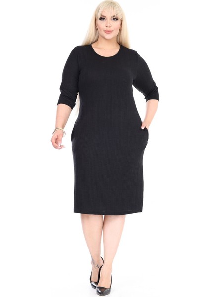 Çift Cepli Kışlık Büyük Beden Esnek Siyah Elbise 34C-2608