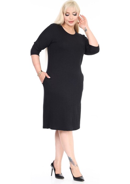 Çift Cepli Kışlık Büyük Beden Esnek Siyah Elbise 34C-2608 fiyatları