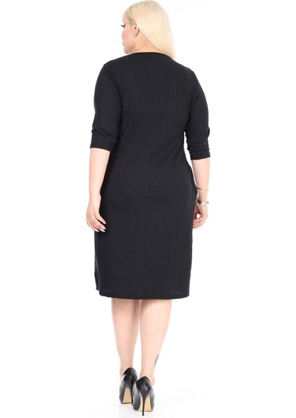 Çift Cepli Kışlık Büyük Beden Esnek Siyah Elbise 34C-2608 modelleri