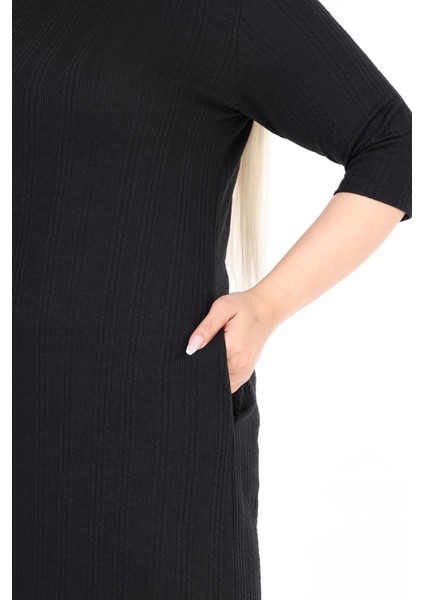 Çift Cepli Kışlık Büyük Beden Esnek Siyah Elbise 34C-2608 fırsatları