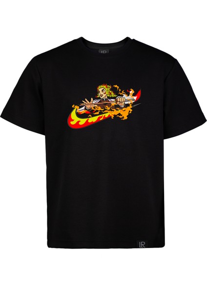 Siyah Anime Tişört Orijinal Nakışlı Kyojuro Rengoku Demon Slayer Relaxed Fit Tshirt