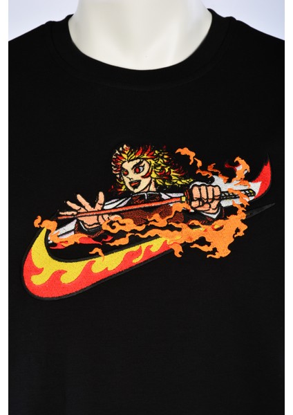 Siyah Anime Tişört Orijinal Nakışlı Kyojuro Rengoku Demon Slayer Relaxed Fit Tshirt fiyatları