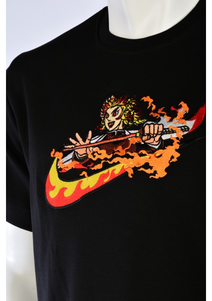 Siyah Anime Tişört Orijinal Nakışlı Kyojuro Rengoku Demon Slayer Relaxed Fit Tshirt indirimleri