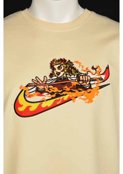 Bej Anime Tişört Orijinal Nakışlı Kyojuro Rengoku Demon Slayer Relaxed Fit Tshirt fiyatları