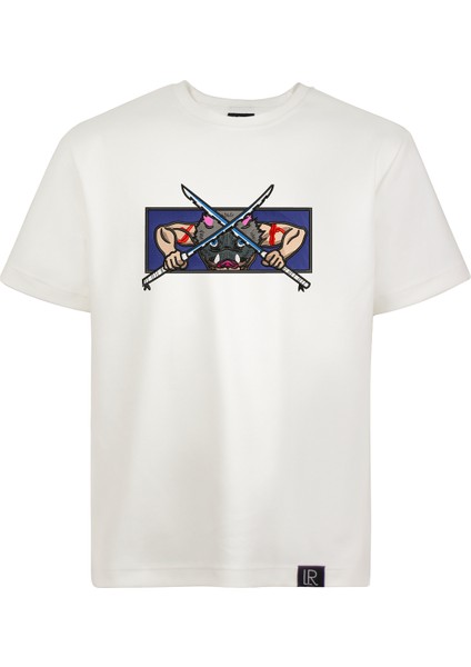 Bisiklet Yaka Beyaz Tişört Relaxed Fit Full Nakışlı Inosuke Hashıbıra Anime Tişört