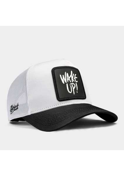 V1 Trucker Wake Up - 3 Kod Logolu Unisex Siyah Siperli-Beyaz Şapka