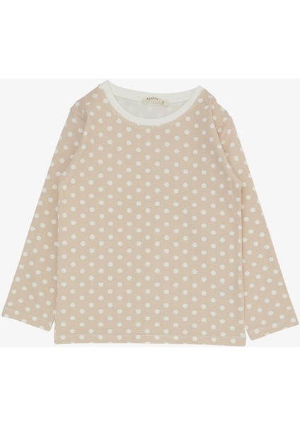 Kız Çocuk Pijama Takımı Çizgili Puantiye Desenli 4-8 Yaş, Bej