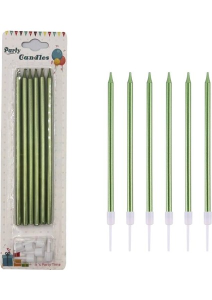 Metalik Ince Mum Yeşil 15 cm 6 Lı