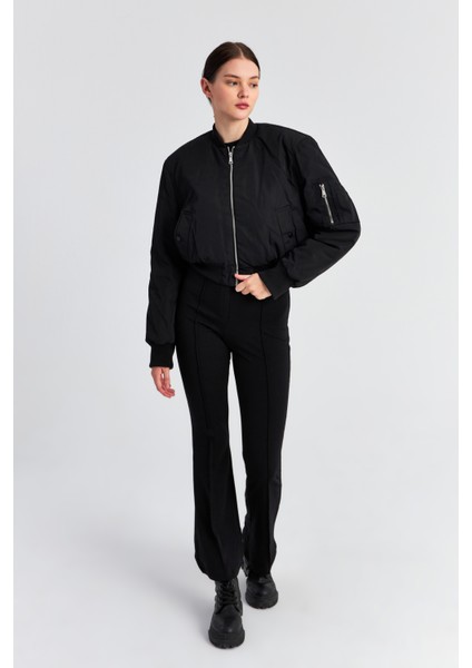 Kadın Siyah Oversize Crop Bomber Mont