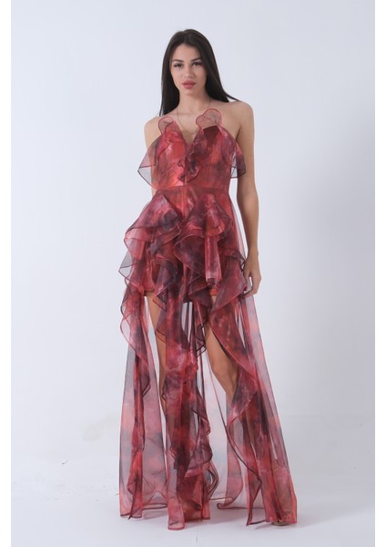 Oranj Fırfırlı Tül Şifon Abiye Elbise 0802000.24