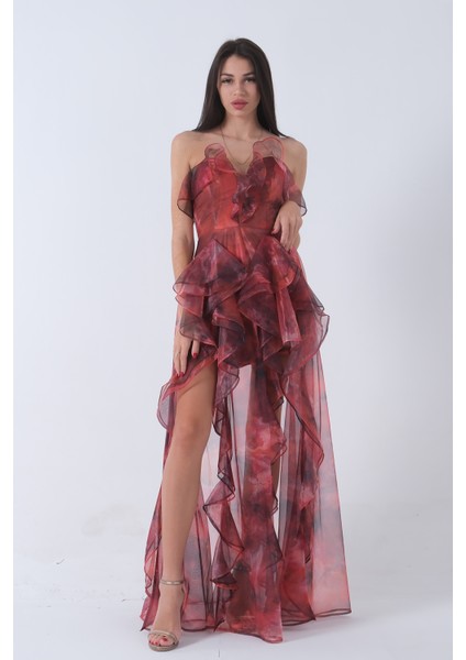 Oranj Fırfırlı Tül Şifon Abiye Elbise 0802000.24 fiyatları