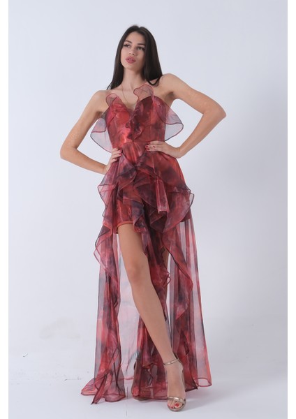 Oranj Fırfırlı Tül Şifon Abiye Elbise 0802000.24 modelleri