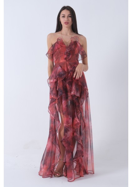 Oranj Fırfırlı Tül Şifon Abiye Elbise 0802000.24 fırsatları