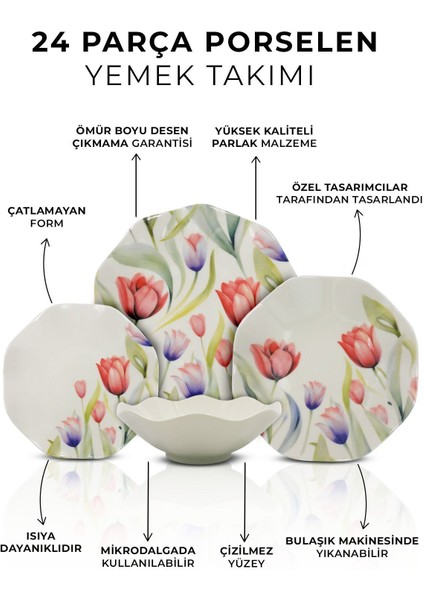 Kitchen Life Rose 24 Parça 6 Kişilik Porselen Yemek Takımı - Pasta , Çorba ,yemek , Servis Tabağı