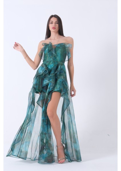 Zümrüt Fırfırlı Tül Şifon Abiye Elbise 0802000.123