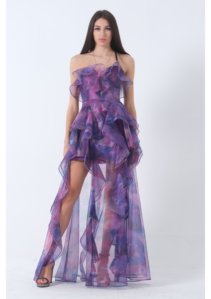 Mor Fırfırlı Tül Şifon Abiye Elbise 0802000.03