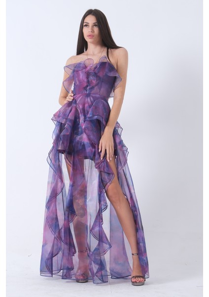 Mor Fırfırlı Tül Şifon Abiye Elbise 0802000.03 fiyatları