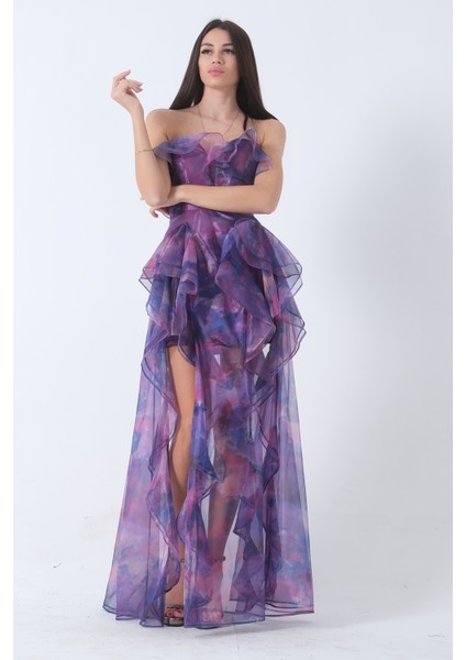 Mor Fırfırlı Tül Şifon Abiye Elbise 0802000.03 modelleri