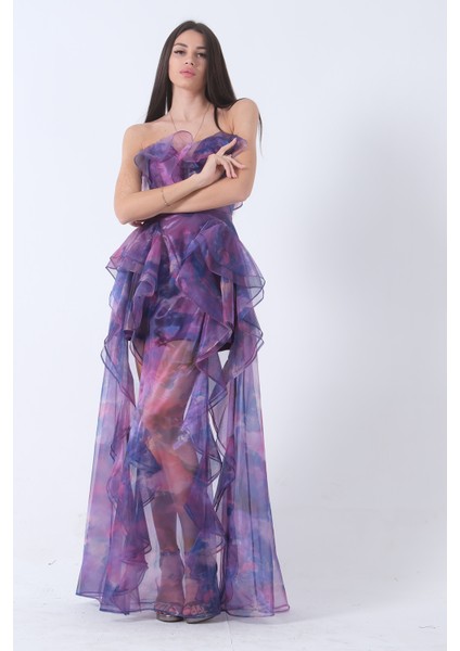 Mor Fırfırlı Tül Şifon Abiye Elbise 0802000.03 fırsatları