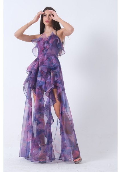 Mor Fırfırlı Tül Şifon Abiye Elbise 0802000.03 indirimleri