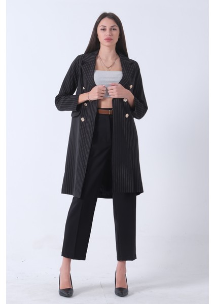 Siyah Klasik Yaka Çizgili Uzun Ceket 08091161.01 fiyatları