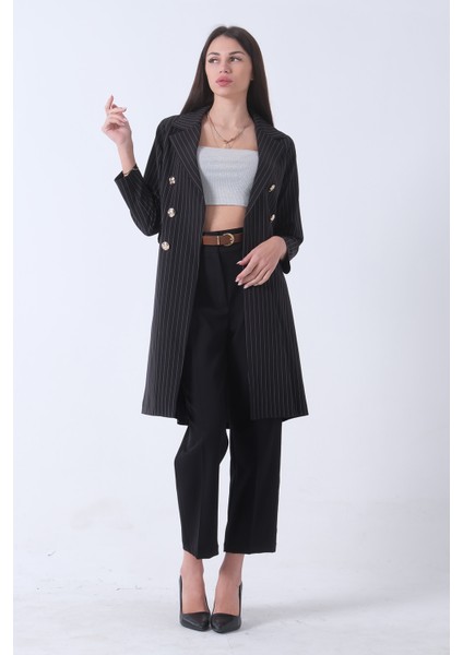 Siyah Klasik Yaka Çizgili Uzun Ceket 08091161.01 fırsatları