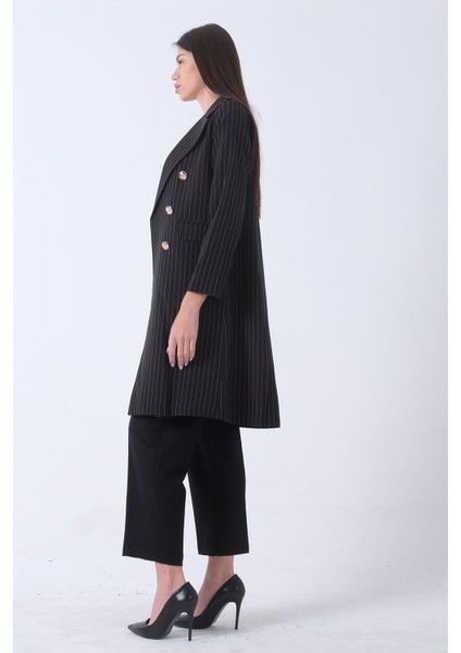 Siyah Klasik Yaka Çizgili Uzun Ceket 08091161.01 indirimleri