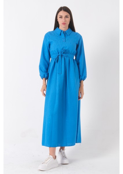 Mavi Beli Lastikli Gömlek Yaka Kuşaklı Tesettür Elbise 4593296.16
