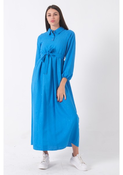 Mavi Beli Lastikli Gömlek Yaka Kuşaklı Tesettür Elbise 4593296.16 fiyatları