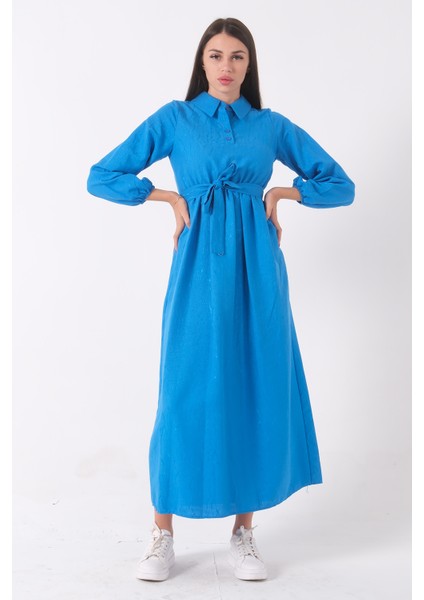 Mavi Beli Lastikli Gömlek Yaka Kuşaklı Tesettür Elbise 4593296.16 modelleri