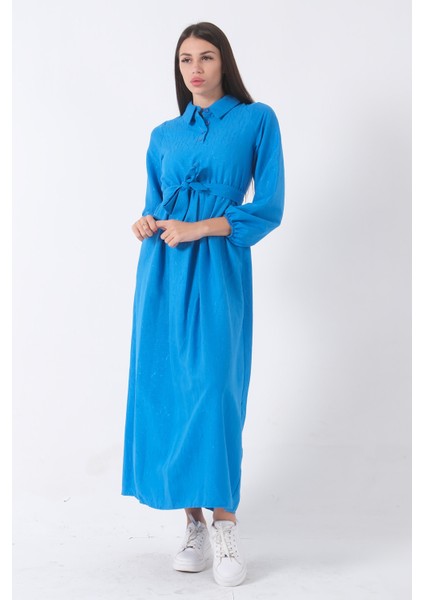 Mavi Beli Lastikli Gömlek Yaka Kuşaklı Tesettür Elbise 4593296.16 fırsatları